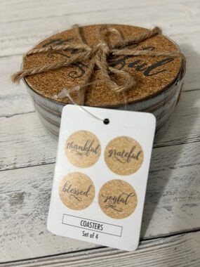 Coaster’s Set of 4 with Inspirational message on each. Cork & Metal Round